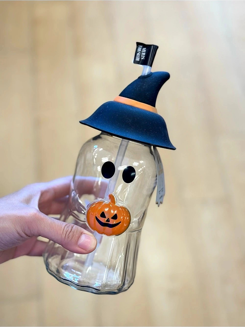 Halloween Ghost Bottle with Straw, Clear & Black